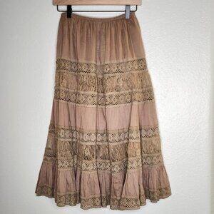 Vintage Y2K Passport western Midi Tan Skirt with Lace and Sequin Sz Small